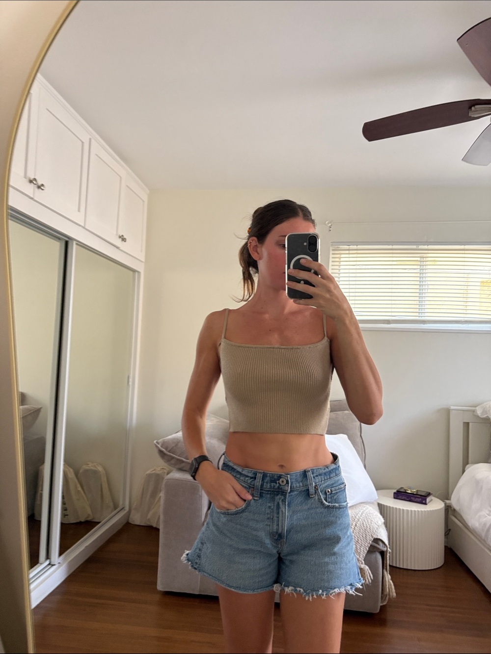 Ribbed Spaghetti Strap Crop Top in Taupe